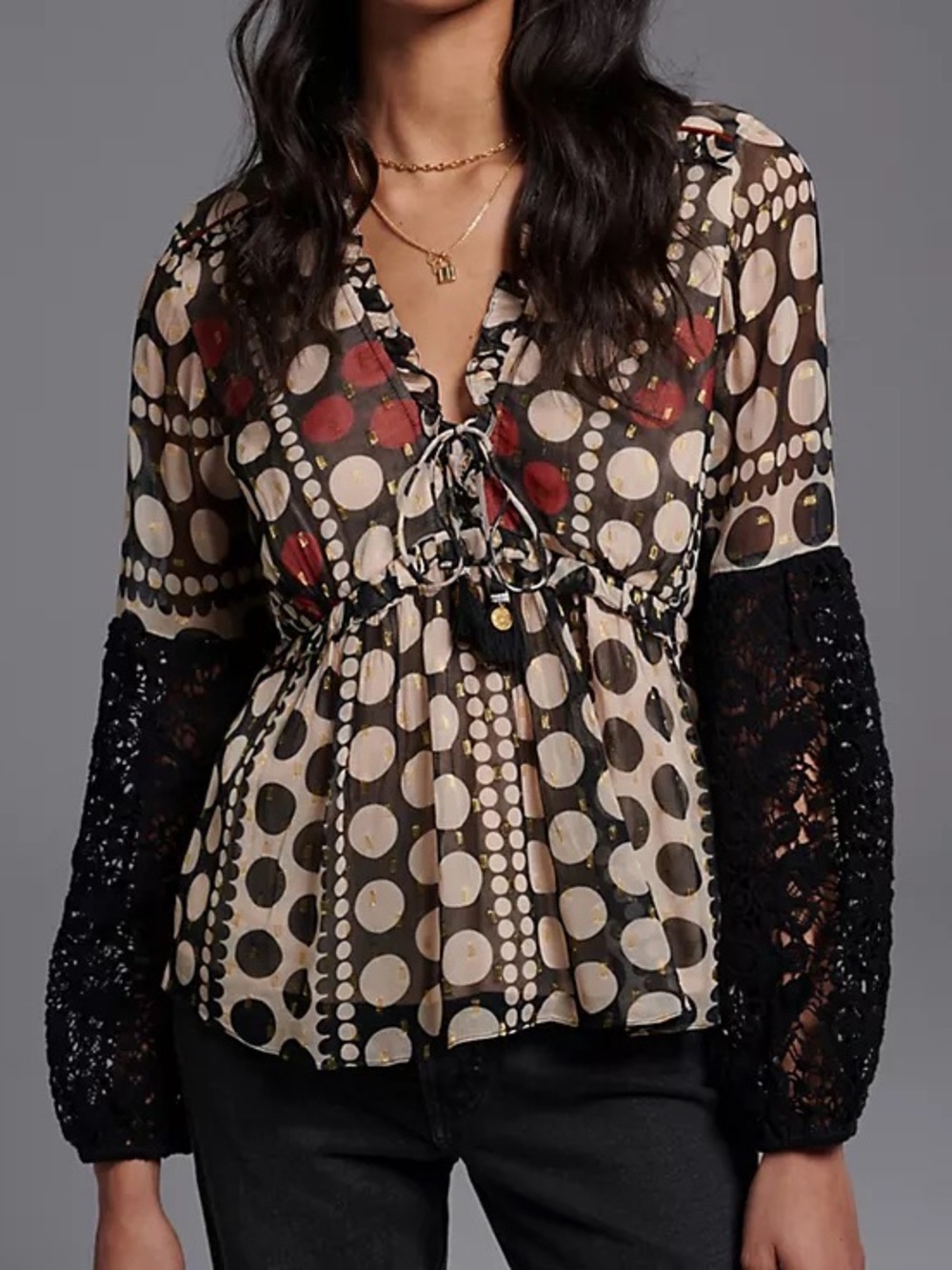Verb by Pallavi Singhee Narcisa Blouse Babydoll V-Neck Lace Puff Sleeve Boho XL